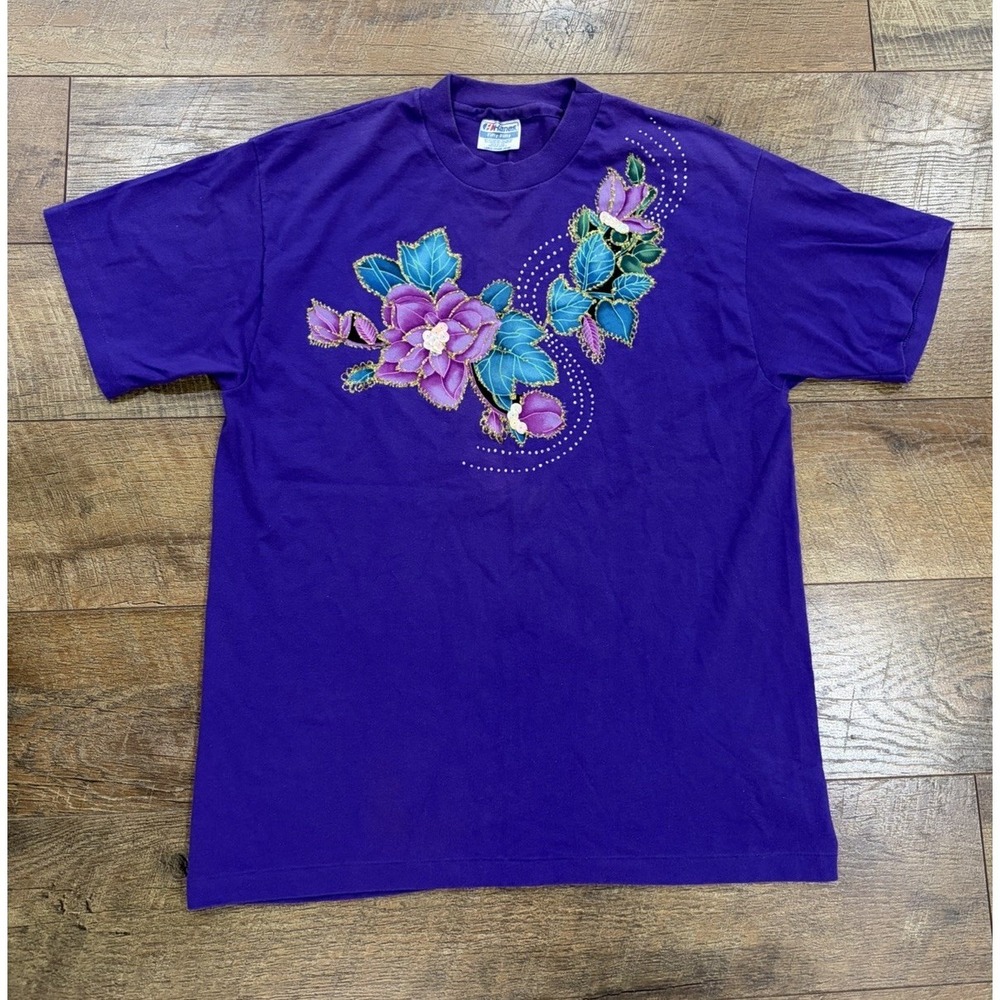 Vintage 80s Flowers Rhinestones Sequins Tee Purple Medium USA Made Cottagecore